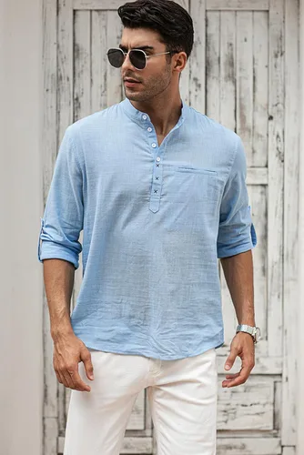 Vista 8 de JMIERR Camisa Henley de algodón y lino para hombre, estilo casual, hippie, de manga larga, con bolsillo