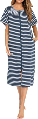 Vista 4 de Camisones de Manga Corta con Cremallera Frontal para Mujer, Batas de Algodón de Longitud Completa, Bata Suelta de Casa/Ropa de Descanso con Bl&blanco