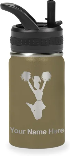 Vista 25 de LaserGram Botella de agua con tapa abatible de doble pared de 12 onzas con pajita, animadora, grabado personalizado incluido (negro)