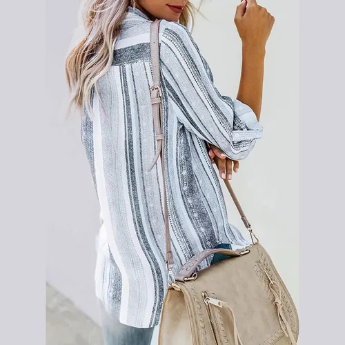 Vista 4 de Women's Striped Button Up Blouse Trendy Business Tops Dressy Soft Cotton Linen Tops Casual Long Sleeve Tops Fall Shirt