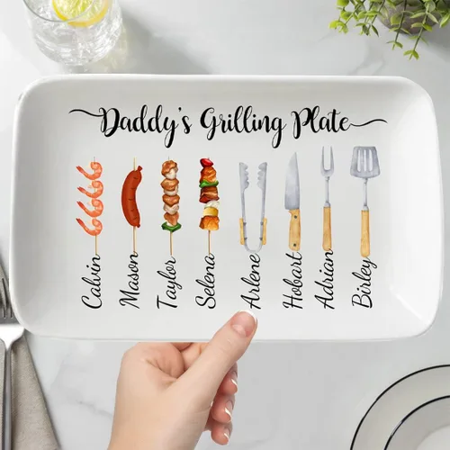 Vista 6 de Plato personalizado para asar para el día del padre, platos personalizados para papá, bandeja rectangular para servir barbacoa con nombres