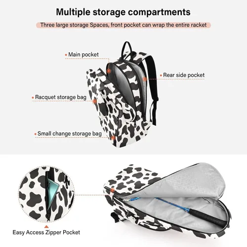 Vista 5 de Mochila de tenis para adultos, gran almacenamiento, estampado de vaca, bolsa de raqueta de tenis blanca y negra con capacidad para 2 raquetas