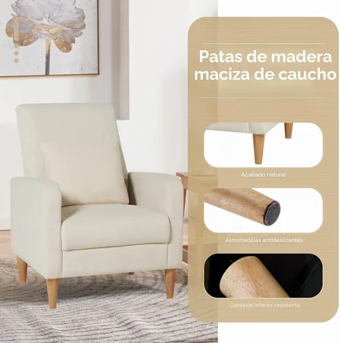 Vista 5 de COLAMY Silla decorativa moderna Mid-Century tapizada de tela con almohada trasera y patas de madera maciza, cómodo sillón para sala de estar Beige