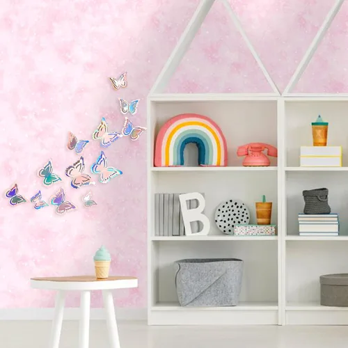 Vista 4 de pinkblume Calcomanías de decoración de mariposa rosa iridiscente, color rubor 3D, arte de pared, calcomanías de pared extraíbles para decoración