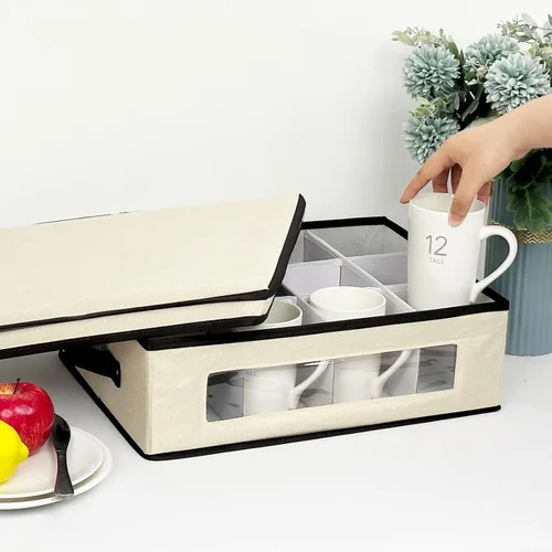 Vista 4 de homyfort Paquete de 2 cajas de almacenamiento de tazas con divisores, contenedores de almacenamiento de tazas de China, organizador de carcasa dura