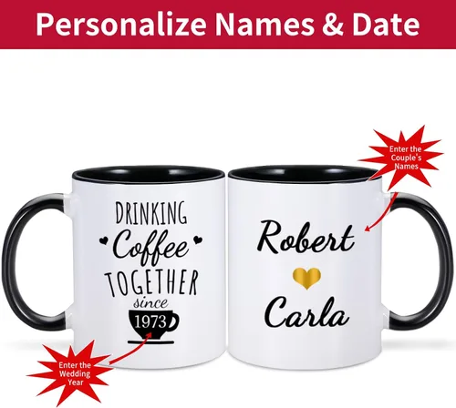 Vista 2 de Regalo de boda del 50 aniversario para padres – Beber café juntos desde 1973 taza de café personalizada con nombre de pareja y año de boda, regalos