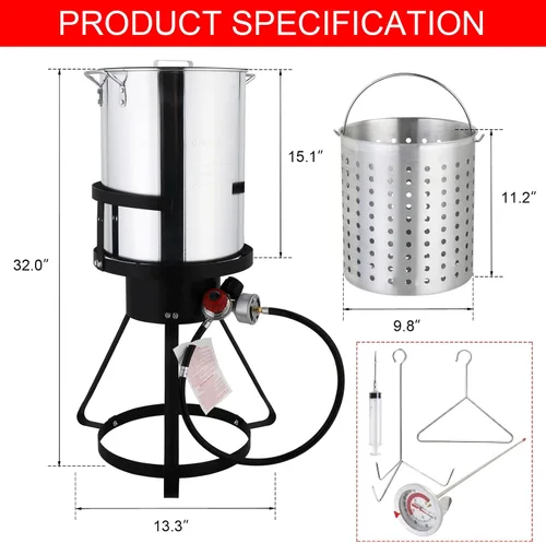 Vista 6 de Freidora – Kit de olla de aluminio de 30 cuartos de galón de mariscos y freidora de pavo con termómetro, cesta, propano para cangrejo, langosta