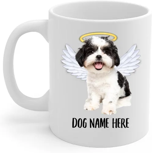 Vista 2 de Taza de café conmemorativa de alas de ángel Shih Tzu con nombre personalizado, regalos de condolencias para los amantes de los perros, taza blanca
