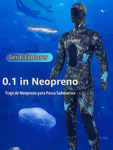 Vista 3 de Traje de neopreno de pesca submarina de 0.059 pulgadas con capucha, 2 piezas de camuflaje para caza de buceo, para buceo en agua fría