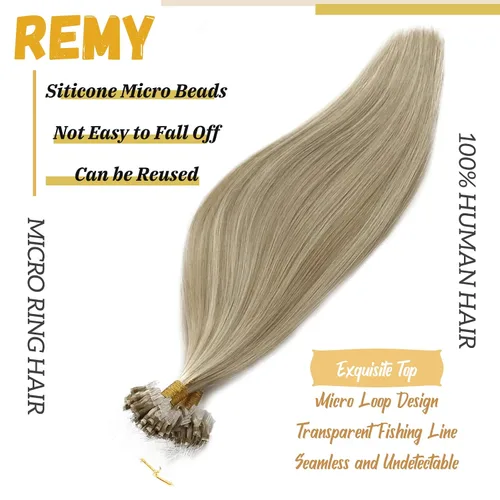 Vista 7 de Extensiones de cabello con micro puntas, 16 pulgadas, balayage, color #18, rubio beige, mezclado #60 rubio platino, extensiones de cabello humano