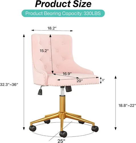 Vista 3 de Silla giratoria moderna, cómoda silla de escritorio tapizada de terciopelo con ribete de cabeza de clavo, silla de tocador ajustable sin brazos