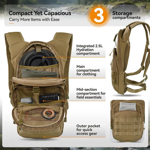 Vista 3 de MARCHWAY Mochila de Hidratación Táctica Molle con Vejiga de Agua de TPU de 2.5L, Mochila Militar Organizada de Perfil Bajo para Senderismo, Canela