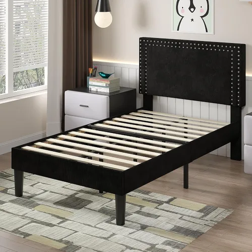 Vista 74 de VECELO Base de cama de plataforma de tamaño individual con cabecera tapizada de altura ajustable, base de colchón moderna, soporte de listones
