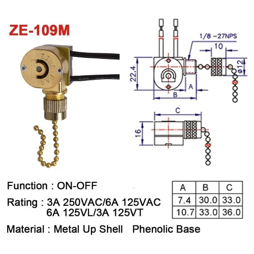 Vista 2 de Interruptor de ventilador de techo Zing Ear ZE-109M Interruptor de cable de cadena de tracción para ventiladores de techo lámparas y luces de pared