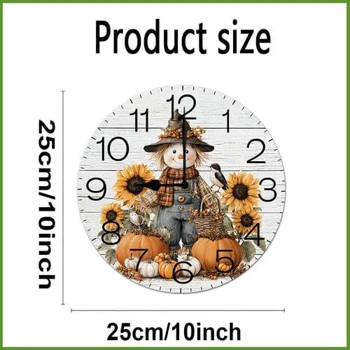 Vista 2 de Preciosas calabazas espantapájaros con hojas de otoño, reloj de cosecha de Hello Fall para sala de estar, reloj de pared redondo de 10 pulgadas