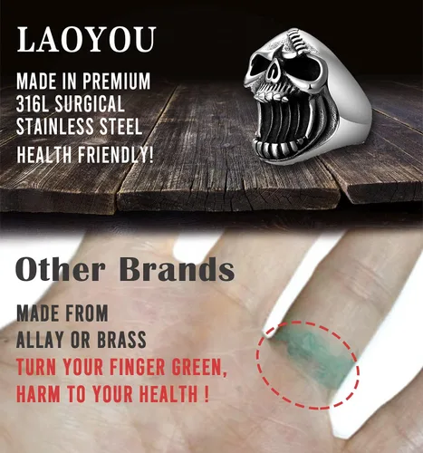 Vista 2 de LAOYOU Skull Ring, Mens Stainless Steel Vintage Skull Bottle Opener Rings, Big Solid Heavy Gothic Biker Ring Christmas for Men Boys
