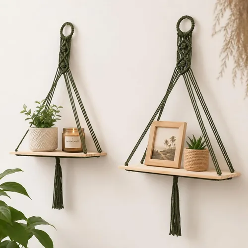 Vista 11 de Artilady Paquete de 2 estantes de madera para colgar en la pared, estantes flotantes bohemios, estante de plantas de macramé blanco, estante