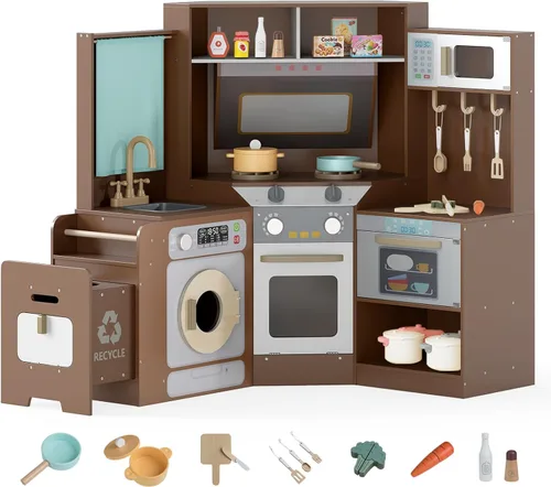 Vista 11 de Costzon Cocina de Juego de Esquina, Pequeño Chef Cocina de Juego de Simulación con Luz y Sonido Reales, Carrito Extraíble, Contenedores de Tela