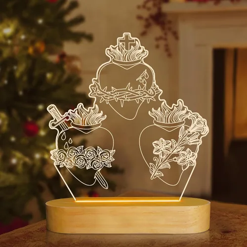 Vista 2 de Anywin Tres corazones sagrados, regalos católicos para mujeres/hombres, corazones de Jesús, luz nocturna, regalos de fe para Navidad, devocional