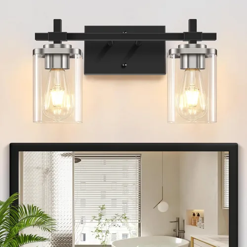 Vista 16 de 2 luces de tocador de baño, accesorios de luz de tocador negro mate sobre espejo, apliques de pared modernos con pantalla de vidrio transparente
