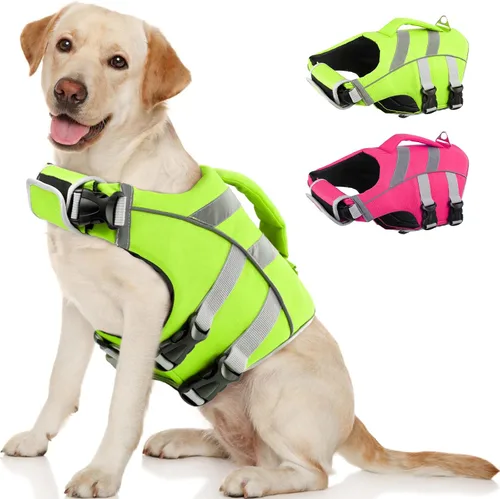 Vista 15 de Kuoser Chaleco salvavidas reflectante para perro, chaleco salvavidas para nadar y navegar Chalecos salvavidas ajustables para mascotas, traje
