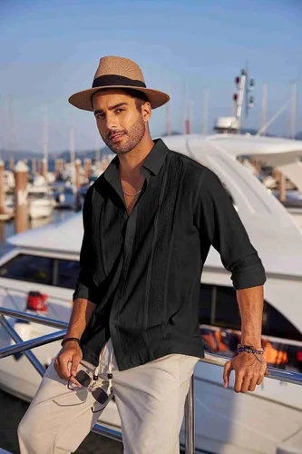Vista 4 de COOFANDY Camisas de guayabera cubana para hombre, de manga larga, informal, con botones, de algodón, para la playa