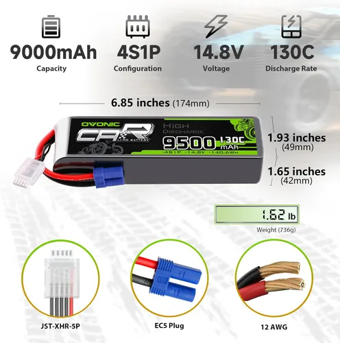 Vista 2 de OVONIC 4S LiPo Batería 9500mAh 14.8V 130C RC Batería con conector EC5 (paquete de 2)