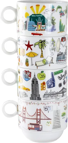 Vista 2 de Gracie China by Coastline Imports Juego de tazas de café apilables de porcelana de 4 piezas (Nueva York, San Francisco, Los Ángeles, Miami)