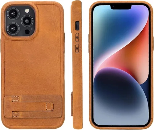 Vista 14 de Bayelon Funda de casco para iPhone 14 Plus - Funda delgada 360 de grano completo - Funda de cuero con función de atril (marrón oscuro)