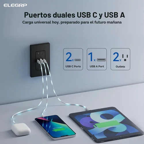 Vista 2 de ELEGRP Tomacorrientes USB, 30 W 6.0 Amp USB C, toma de pared USB de 3 puertos, toma de corriente resistente a manipulaciones de 15 amperios con 2