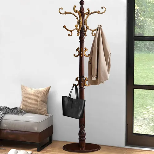 Vista 10 de Perchero independiente, árbol de madera con base redonda estable, perchero resistente vintage con 14 ganchos, perchero para dormitorio, oficina