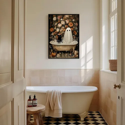 Vista 3 de Lienzo decorativo de Halloween para pared, póster de fantasma y gato negro en la bañera, imagen espeluznante de fantasma y flores, impresión