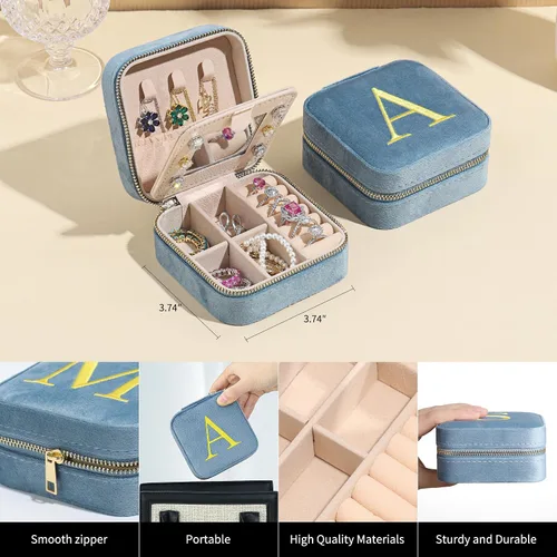Vista 4 de Parima Regalos de cumpleaños para mujeres, estuche portátil pequeño de viaje con iniciales azules, organizador de joyas, accesorios de viaje azules