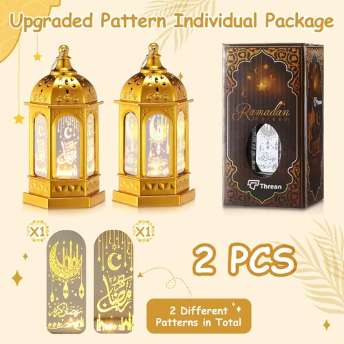 Vista 2 de Threan 2 faroles de Ramadán con luces LED mini Eid Mubarak, decoraciones de Ramadán para el hogar, mesa, pared, centros de mesa y decoración