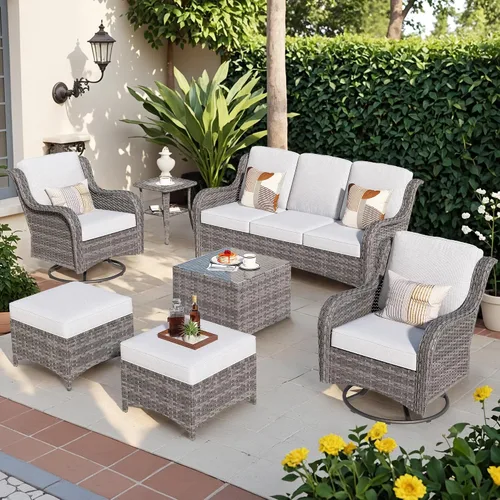 Vista 46 de Juego de muebles de exterior para patio, silla y sofá (ratán marrón, beige, 3 piezas)