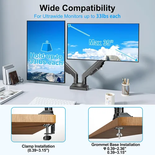 Vista 2 de Soporte de monitor doble para pantallas de hasta 43 pulgadas, brazo de monitor dual ultra ancho resistente con capacidad para 2.2-33 libras cada