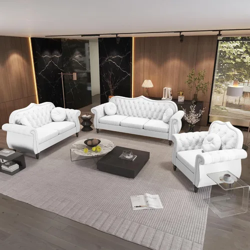 Vista 3 de AVZEAR Juego de sofá seccional de 3 piezas para sala de estar, sofá Chesterfield tapizado en terciopelo moderno de mediados de siglo, sofá de Blanco
