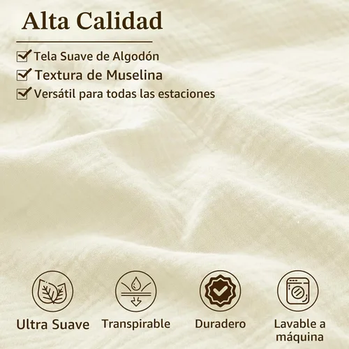 Vista 4 de MEISHANG Funda de edredón de muselina tamaño Queen, 100% algodón orgánico, funda de edredón de gasa con textura suave para todas las estaciones Beige