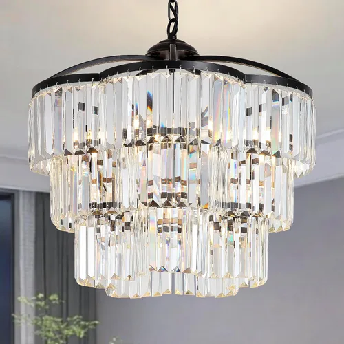 Vista 9 de Lámpara de Araña de Cristal Moderna para Comedor - 5 Luces Ajustables Negra Estilo Granja Accesorio de Luz Colgante para Vestíbulo Dormitorio Sala