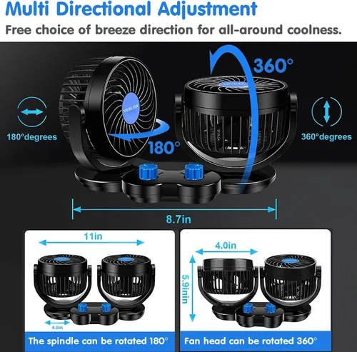 Vista 6 de Yerloa Ventilador de coche eléctrico de 12 V, ventilador portátil para automóvil, doble cabeza, rotación de 360 grados, ventilador de aire
