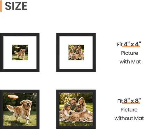 Vista 2 de upsimples 8x8 Picture Frame Set of 5, Display Pictures 4x4 with Mat or 8x8 Without, Wall Gallery Poster Frames, Black