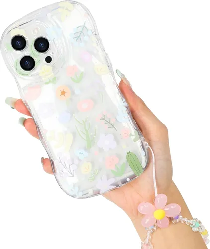 Vista 8 de Funda transparente compatible con iPhone 14 Pro, marco ondulado rizado, forma de encaje floral, TPU delgada, protección de cámara, funda