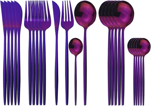 Vista 7 de Juego de cubiertos negros de acero inoxidable de 24 piezas, servicio para 6, vajilla pulida con espejo, cuchillo tenedor y cuchara para el hogar