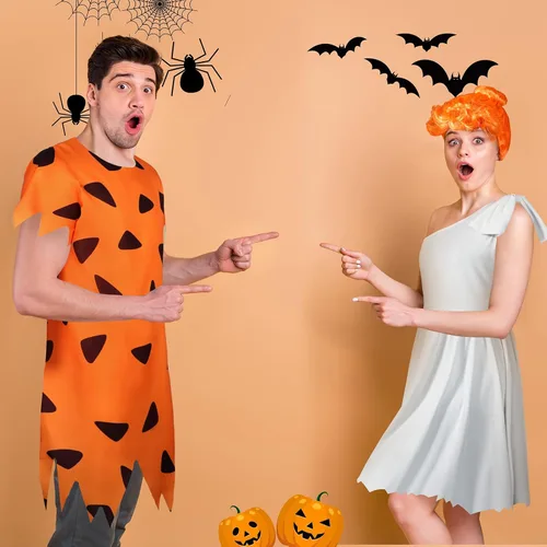 Vista 3 de Disfraz de hombre de las cavernas de Halloween para mujer, vestido blanco, peluca naranja para pareja, familia, período de piedra, fiesta temática