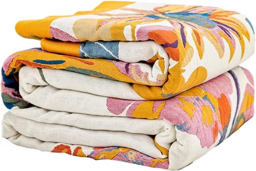 Vista 5 de Manta bohemia de muselina de algodón tejida con flores decorativas de 50 x A-verde