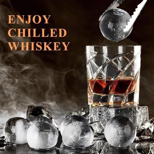 Vista 4 de Molde para cubitos de hielo para whisky, 2 x 8 cubos de hielo de whisky de 1.8 pulgadas, bandeja circular para cubitos de hielo con tapa