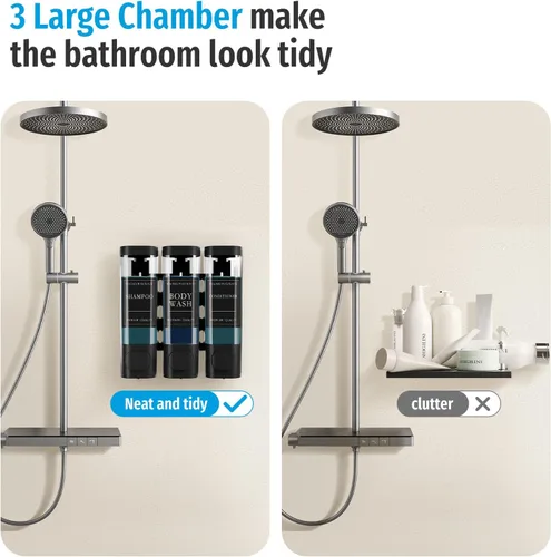 Vista 5 de Dispensador de jabón de ducha sin taladro, dispensador de champú y acondicionador montado en la pared de 3 cámaras para baño, hotel, gran capacidad