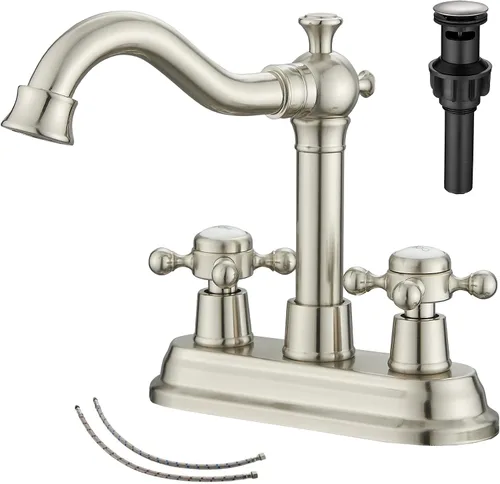 Vista 20 de Grifo de Baño GGStudy de Latón Antiguo de 2 Manijas de 4 Pulgadas Grifo Central de Tocador de Baño con Conjunto de Drenaje y Manguera de Suministro