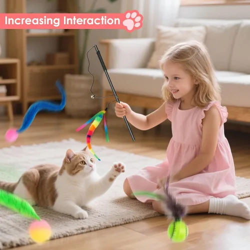 Vista 7 de SHENGSEN Juguete de varita de plumas para gatos, pelota inflable con cola para gatos, gusano mágico con juguete de bola grande y colorida