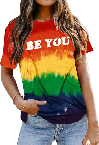 Vista 12 de Camisa de arcoíris para mujer, camiseta de orgullo con estampado de arco iris, camisetas casuales de manga corta Beyou-negro